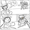 Art by Leos of Spark attempting to fight Tumblr Sexyman.