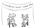 Art by Wybie of Static Miku and Catbird having a support group about their boxed friends.